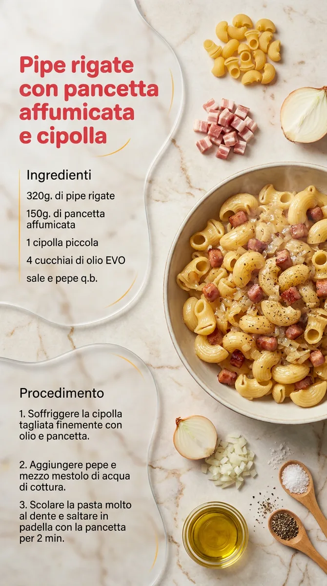 Pipe rigate con pancetta affumicata e cipolla