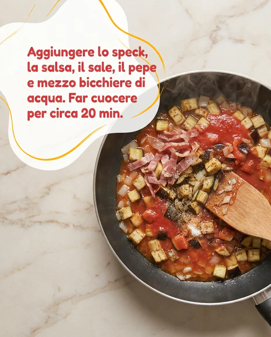 Paccheri con melanzane, speck e panna fase 4