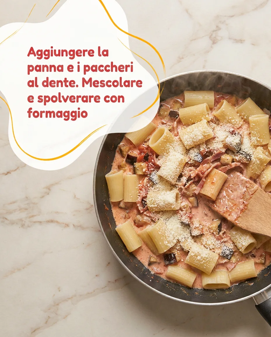 Paccheri con melanzane, speck e panna fase 5