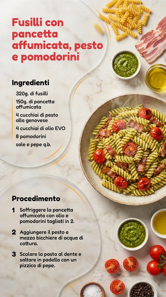 Fusilli con pancetta affumicata, pesto e pomodorini