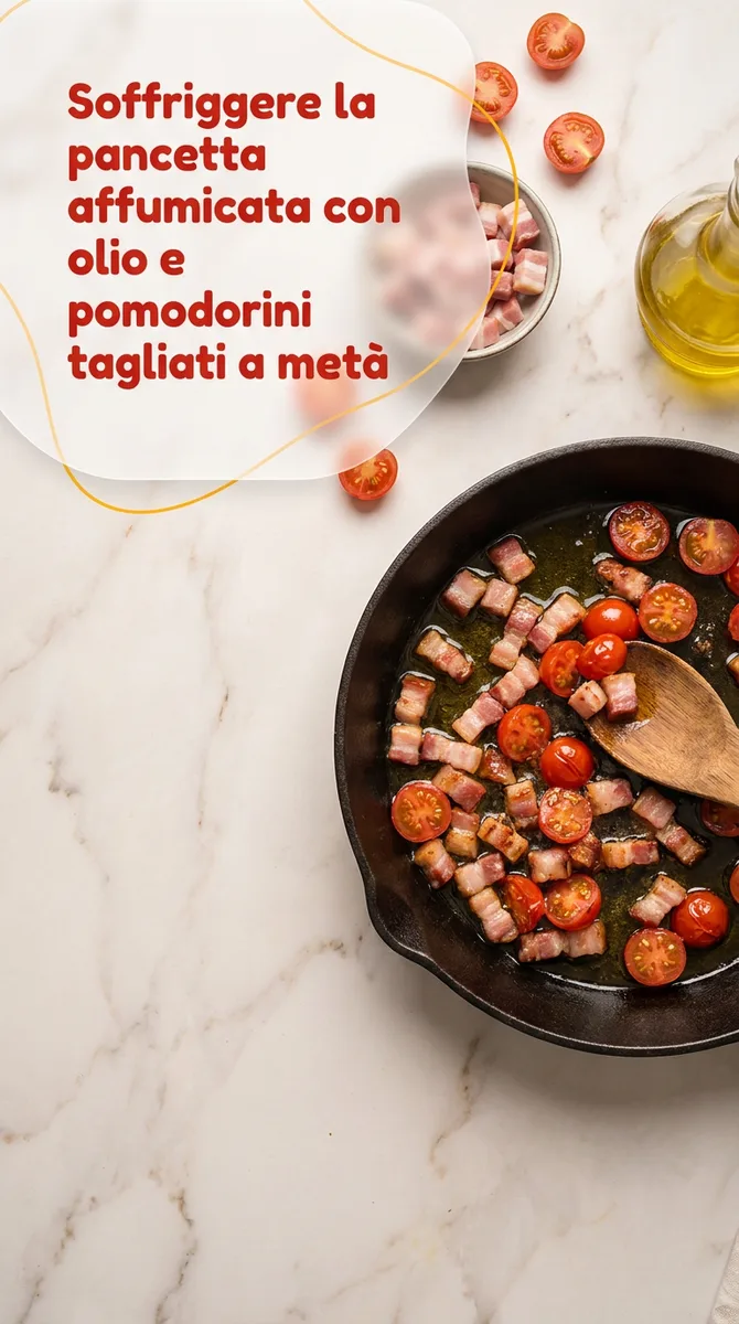 Fusilli con pancetta affumicata, pesto e pomodorini fase 3