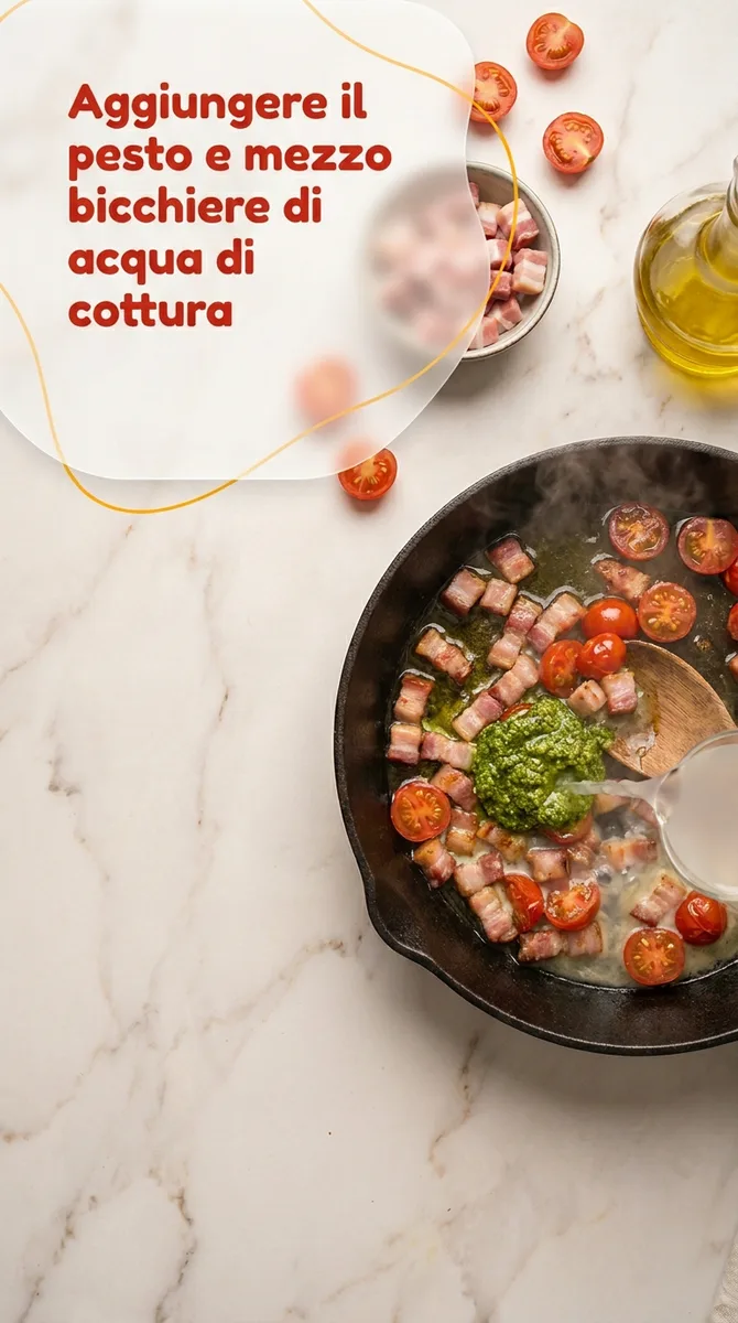 Fusilli con pancetta affumicata, pesto e pomodorini fase 4