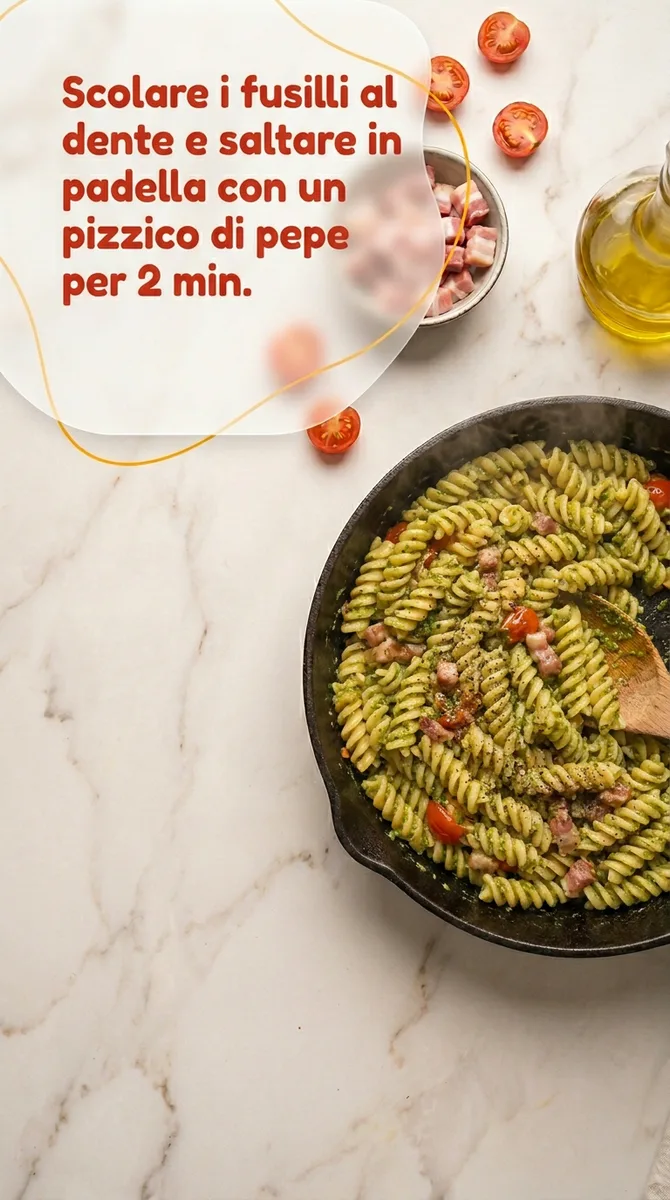 Fusilli con pancetta affumicata, pesto e pomodorini fase 5