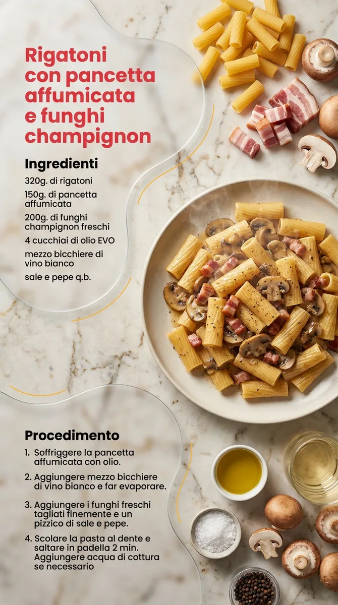 Rigatoni con pancetta affumicata e funghi champignon