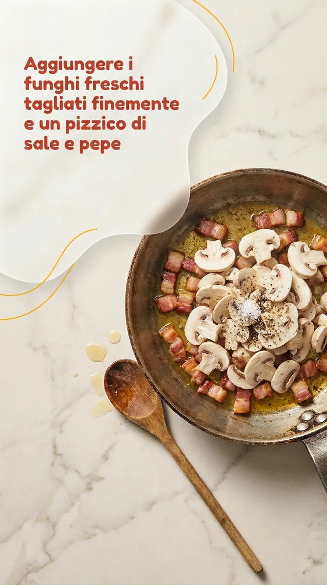 Rigatoni con pancetta affumicata e funghi champignon fase 4