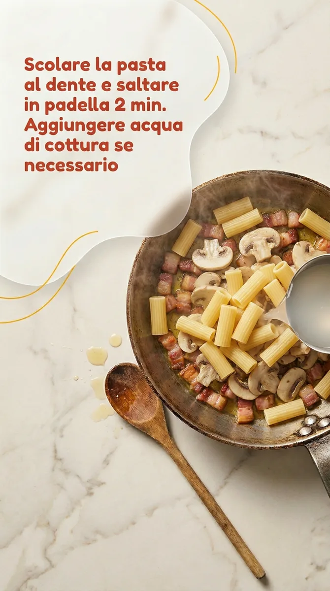 Rigatoni con pancetta affumicata e funghi champignon fase 5