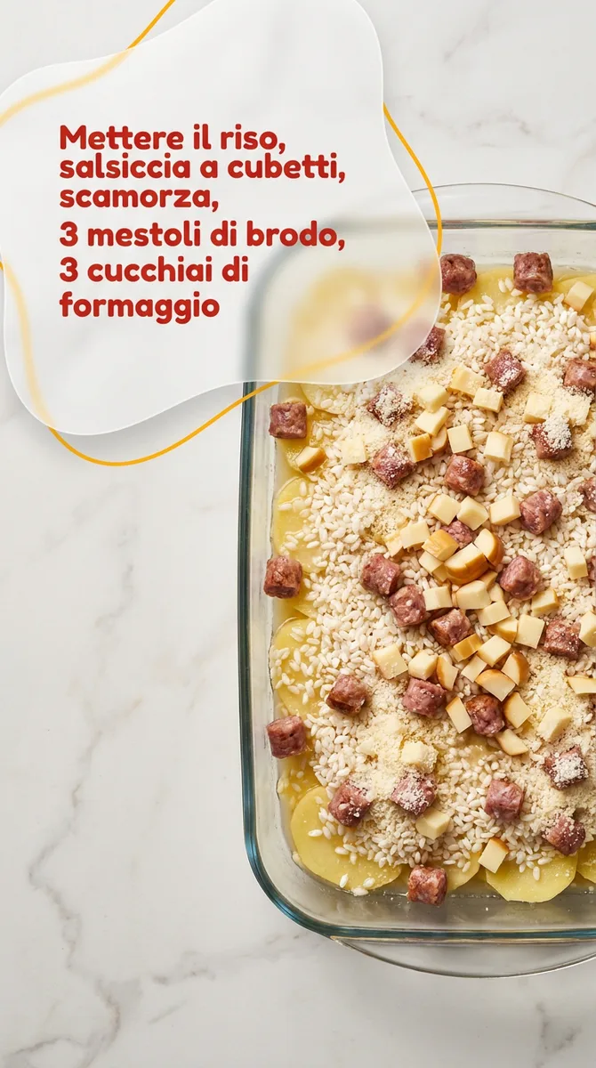 Riso con patate, salsiccia e scamorza affumicata al forno fase 5